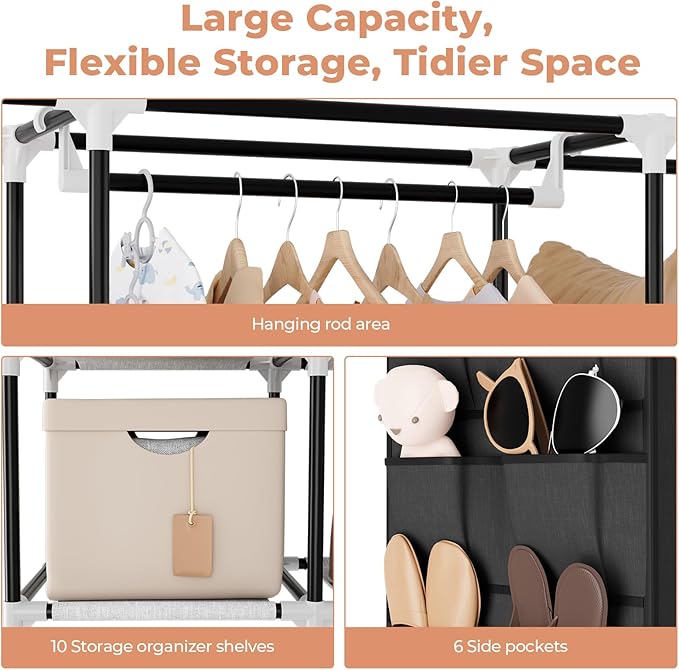 VTRIN Portable Closet Wardrobe for Hanging Clothes 57.3 Inch Large Capacity Clothes Rack with Cover, 10 Storage Organizer Shelves, 1 Hanging Rods and 6 Pockets, Free Standing Closet for Bedroom, Black