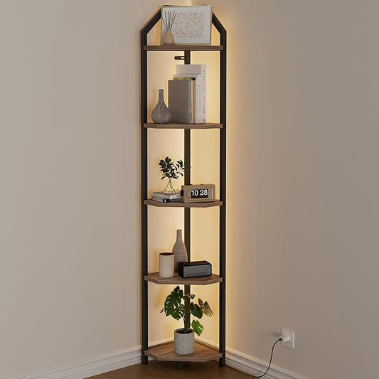 70 Inch Corner Shelf with LED Lights, 5-Tier Corner Bookshelf for Small Spaces, Wood & Metal Storage Rack for Bedroom, Living Room, Office - Modern Space Saving Design-Grey