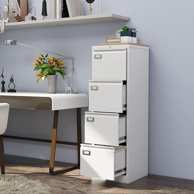 4-Drawer File Cabinet, 16.3" Deep Vertical Filing Cabinet with Lock, Metal File Cabinet for Home Office, Anti-Tip 4 Storage Drawers for Letter/Legal/A4/F4 Size (Assemble Required, White)