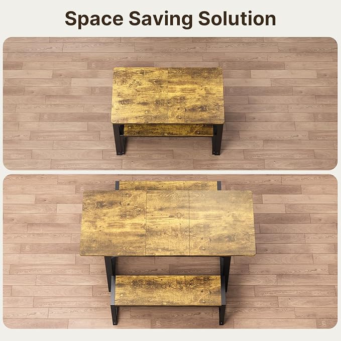 Gizoon 63” Kitchen Table Sets for 4 with 2 Benches Extendable Dining Table Set for 4 with Chairs Dining Room Table and Chairs for Kitchen Apartment Outdoor and Home Office, Rustic Brown