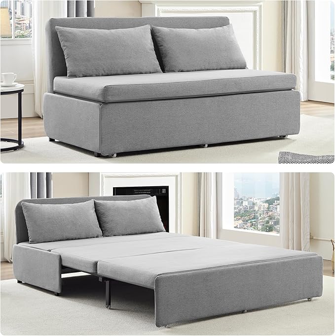 Queen Sofa Bed, Modern Pull Out Sofa Bed with Cushions & Throw Pillows, Linen Couch Beds, Convertible Sleeper Sofas Beds, Loveseat for Living Room for Small Spaces, Light Gray