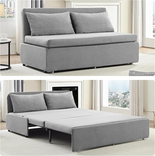 Queen Sofa Bed, Modern Pull Out Sofa Bed with Cushions & Throw Pillows, Linen Couch Beds, Convertible Sleeper Sofas Beds, Loveseat for Living Room for Small Spaces, Light Gray