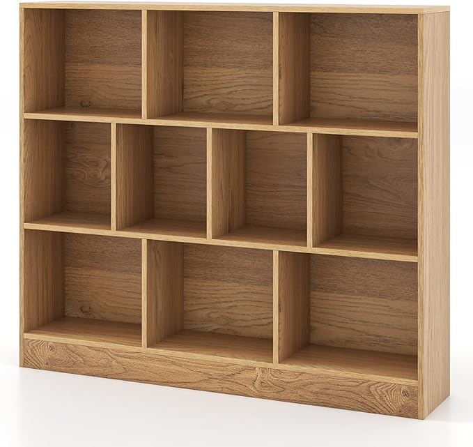 Costzon Wooden Toy Storage Organizer, 10-Cube Kids Bookshelf w/ 2 Anti-Toppling Kits, 3 Tier Open Shelves & Non-Slip Foot Pads, Book Shelf for Kids Rooms, Playroom, Classroom, Nursery (Natural)