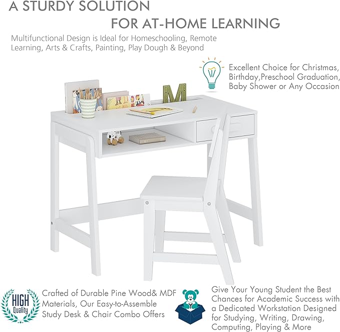UTEX Kids Desk and Chair Set, Study Desk for Kids with Drawers, Wooden Children Table Set, Student Writing Desk Computer Workstation for Bedroom & Study Room