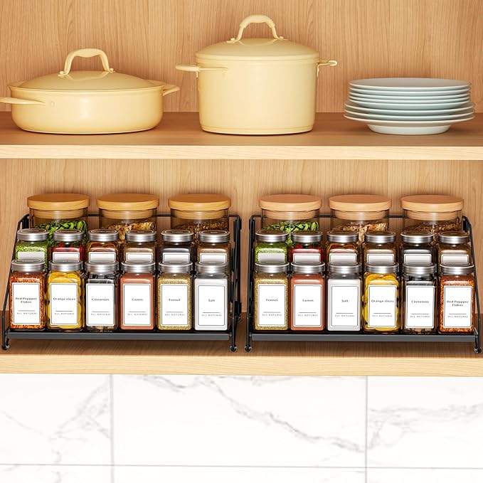 4 Tier Spice Rack Organzier, Spice Rack for Cabinet, Adjustable Depth Seasoning Shelf for Countertop, Pantry, Seasoning Organizer, Metal, Black (2 Pack)