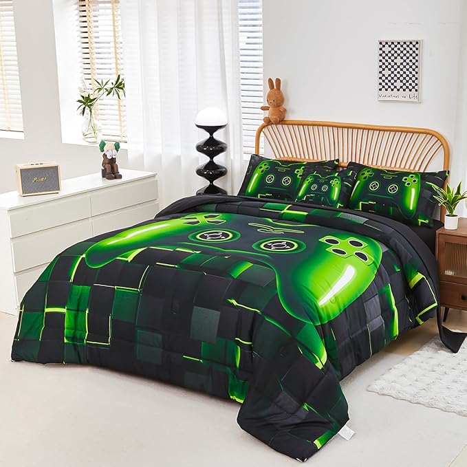 PERFEMET 6 Pieces Twin Gaming Bedding Set Green Game Console Kids Bed in A Bag 3D Black Gamer Comforter Set with Sheets for Boys Teen Lightweight Gamepad Bedroom Set(Green, Twin)