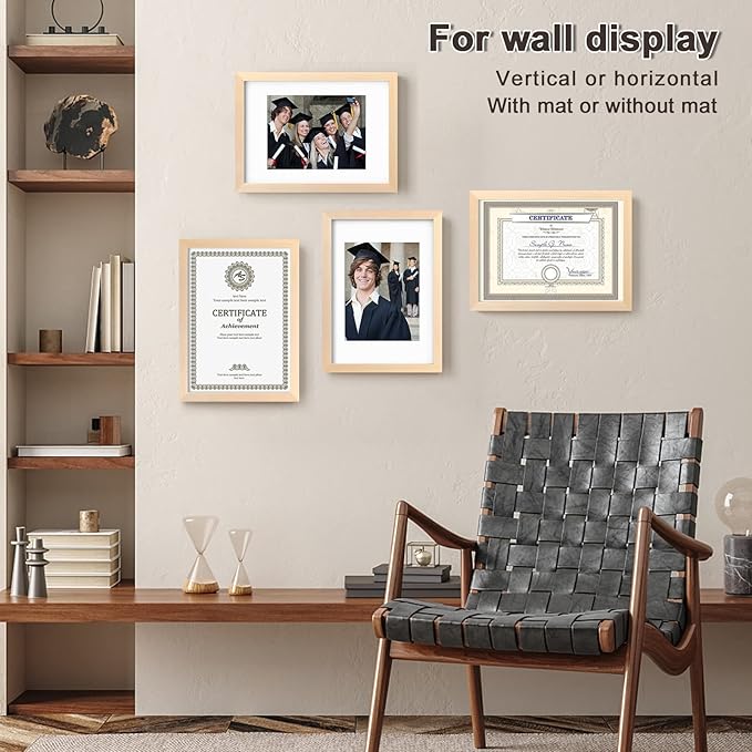 KINLINK A4 Picture Frame Natural, Solid Wood Frames with Acrylic Plexiglass for Pictures A5 with Mat or A4 without Mat, Tabletop and Wall Display Photo Frame, Set of 4