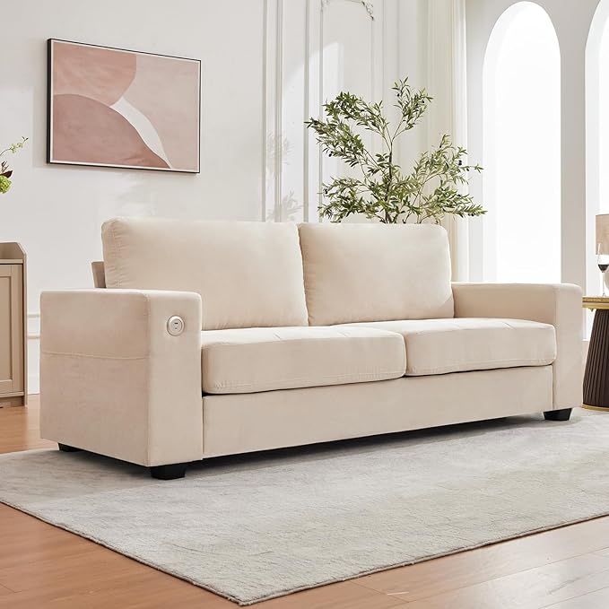 Garvee 90" Chenille Fabric Sofa Modern Comfort Sofa with USB/Type-C Ports, Deep Seat Cushions, Removable Cover, Wide Armrests Ideal for Living Rooms, Small Spaces, and Apartments - Beige