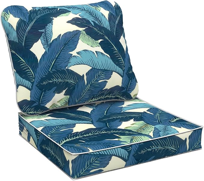 Outdoor Deep Seat Cushions Set 24 x 24 Inch for Patio Furniture,Water Resistant Chair Cushions Replacement Includes Seat Cushion & Back Pillow for Couch Sofa, Wicker Chair - Swaying Palms Blue