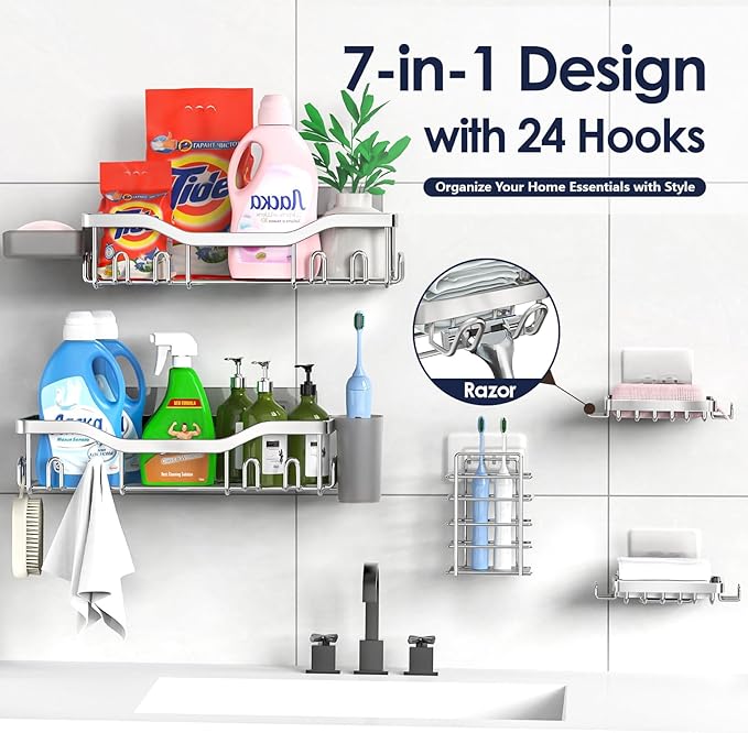 Shower Caddy Adhesive Shower Organizer 7-Pack, Rustproof Stainless Steel Bathroom Shelves, Large Capacity No-Drill Rack Storage Accessories with Soap Dish Toothbrush Holder Hooks (Silver)