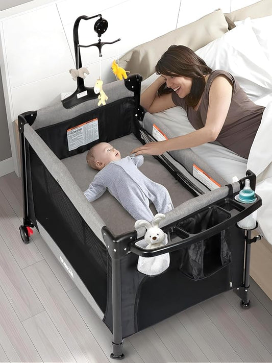 Baby Bassinet, Pack and Play with Bassinet, Bedside Sleeper with Diaper Changer, Mosquito Net, Music Box, Portable Crib with One-Click Installation, Playard for Newborn to Toddlers