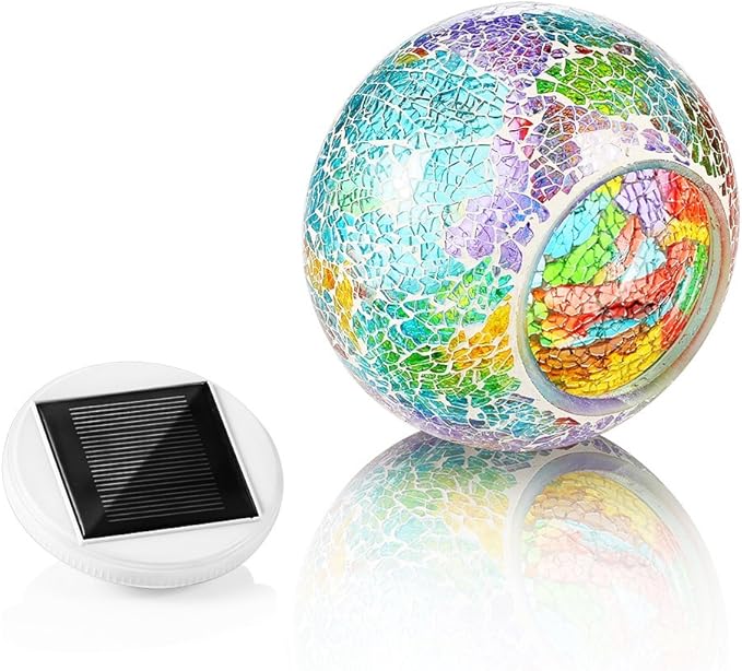 Color Changing Solar Powered Glass Mosaic Ball Led Garden Lights, Rechargeable Solar Table Lights, Outdoor Waterproof Solar Night Lights Table Lamps for Decorations, Ideal Gifts