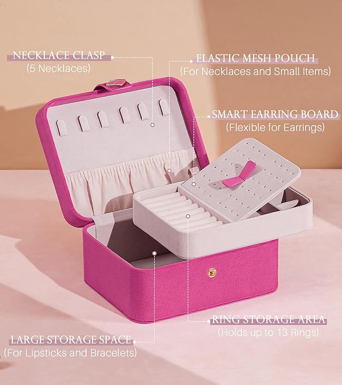 Homde Jewelry Box Small for Women: Ring Earring Organizer Storage for Dresser - Necklace Bracelets Holder with Multi Compartments(Pink)