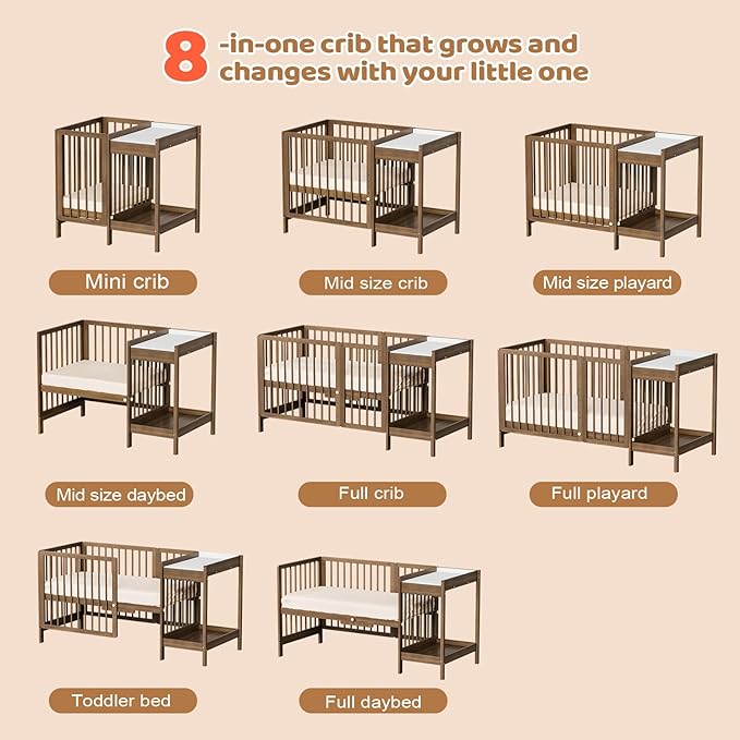 JOYMOR 8 in 1 Convertible Crib with Changer, Include 2” Mattress, Converts to Bassinet, Mid Crib, Full Size Crib, Daybed,Toddler Bed and Playard (Crib with Changer, Honey Wood)