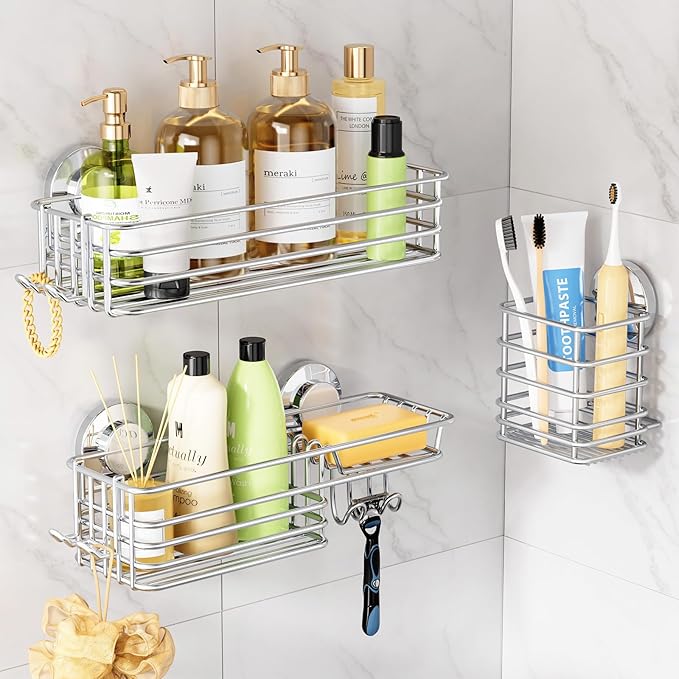 LEVERLOC Shower Caddy Suction Cup, 3 Pack Heavy Duty Bathroom Organizer For Inside Shower With Hooks & Soap Holder, Removable Bathroom Organizer, Rustproof Silver Holder Storage Storage,Silver