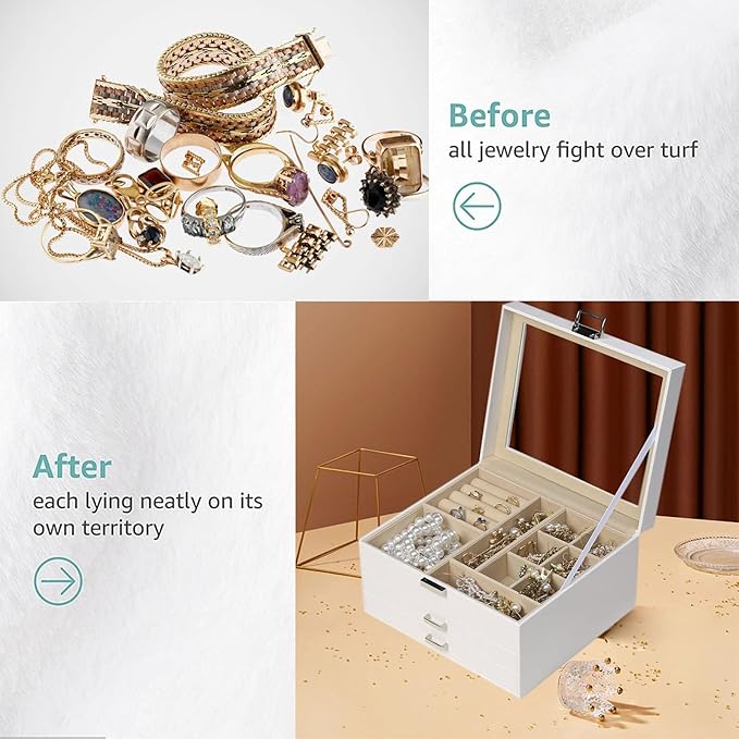 BOOVO Clear Lid Jewelry Box,3 Layers Jewelry Organizer Large Multi-Functional Jewelry Storage Box with 2 Drawers,Jewelry Display Case of Rings Earrings Necklace Bracelets for Women Girls (White)