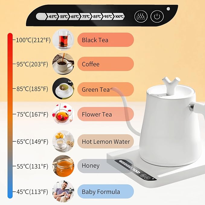 Gooseneck Electric Kettle Temperature Control & Keep Warm, 7 TEMP Control Electric Kettles for Boiling Water,Quickly Heating Kettle Electric Stainless Steel for Coffee & Tea, 800W/1L