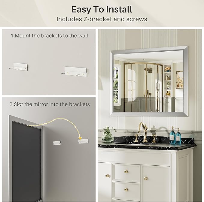 60x40 Inch Silver Bathroom Mirror for Wall, Thick Metal Framed Rectangle Mirrors for Over Sink, Bedroom, Living Room, Entryway, Anti-Rust, HD Tempered Glass