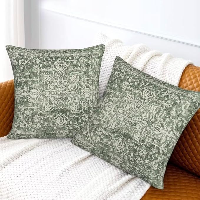 Sage Green Boho Pillow Covers 18x18 Set of 2, Bohemian Carpet Pattern Decorative Throw Pillows Ethnic Vintage Farmhouse Pillow Cases Linen Gifts for Couch Sofa Outdoor Decor