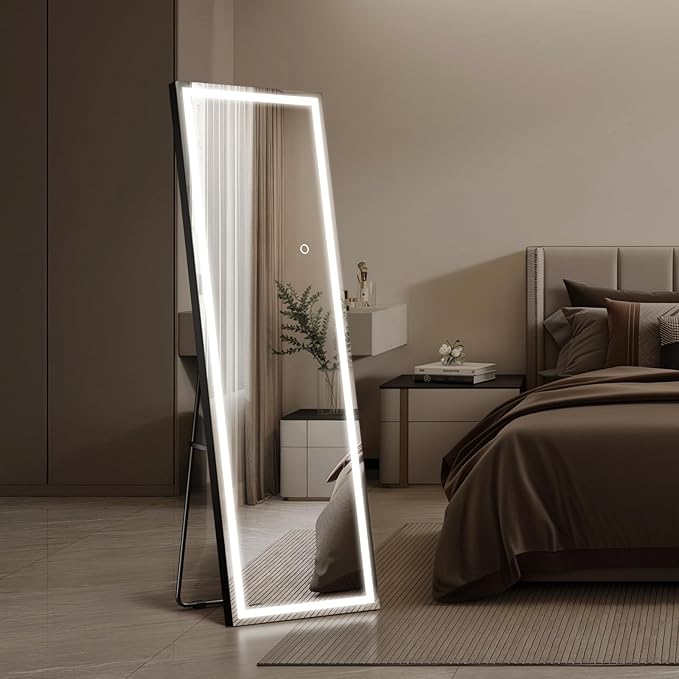 56"x18" Full Length LED Mirror with Lights, Dimmable Standing/Wall Mirror for Bedroom, Full Body Lighted Floor Mirror, Tempered Glass