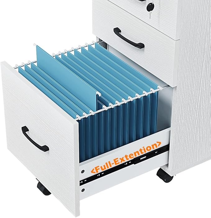 Panana 3 Drawer Wood Mobile File Cabinet, Under Desk Storage Drawers Small File Cabinet for Home Office (White)