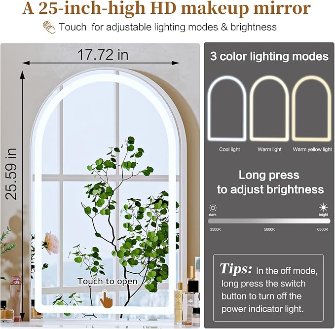 White,Vanity Desk with Mirror and Lights,Makeup Vanity with Power Outlet and Adjustable Cabinet,Modern Makeup Table with 3 Drawers for Bedroom Makeup Room