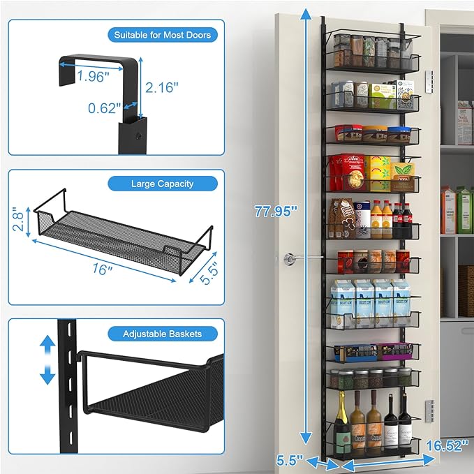 Over the Door Pantry Organizer, 10-Tier Over the Door Organizer with Adjustable Basket, Door Organization for Pantry Kitchen Storage Room Spice Rack, Black