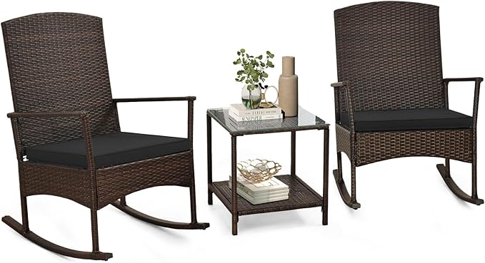 Tangkula 3 Pieces Rocking Wicker Bistro Set, Outdoor Front Porch Rocker Chairs Conversation Set with 2-Tier Tempered Glass Coffee Table and Thick Cushions for Garden, Balcony, Poolside (Black)