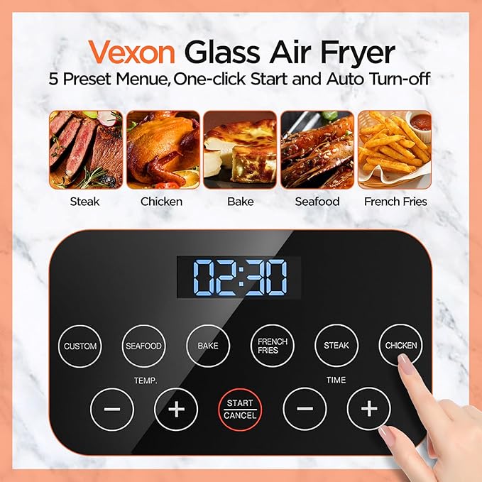 Vexon 4.5L Glass Air Fryer ，Clear Viewing Window ，Easy-to-Clean Basket ，Multiple Cooking Modes ，User-Friendly Digital Controls (Black)