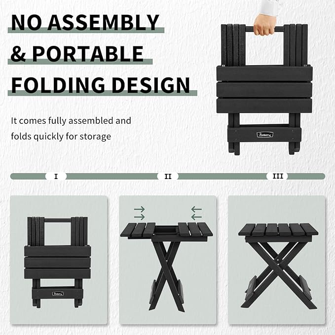 FUNBERRY Outdoor Folding Adirondack Side Table, Portable No Assembly Patio End Table HDPE All Weather
