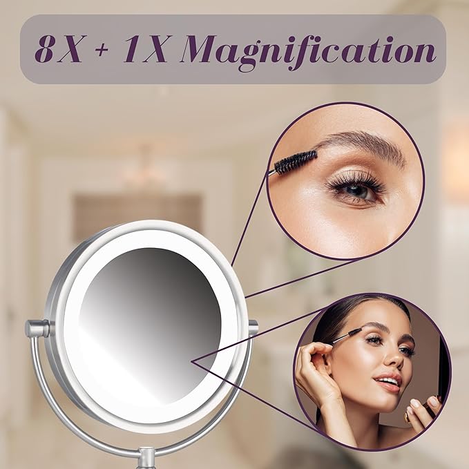 JERDON Lighted Makeup Mirror with Magnification - 1X and 8X Magnification - Nickel Finish - Model HL8808NL