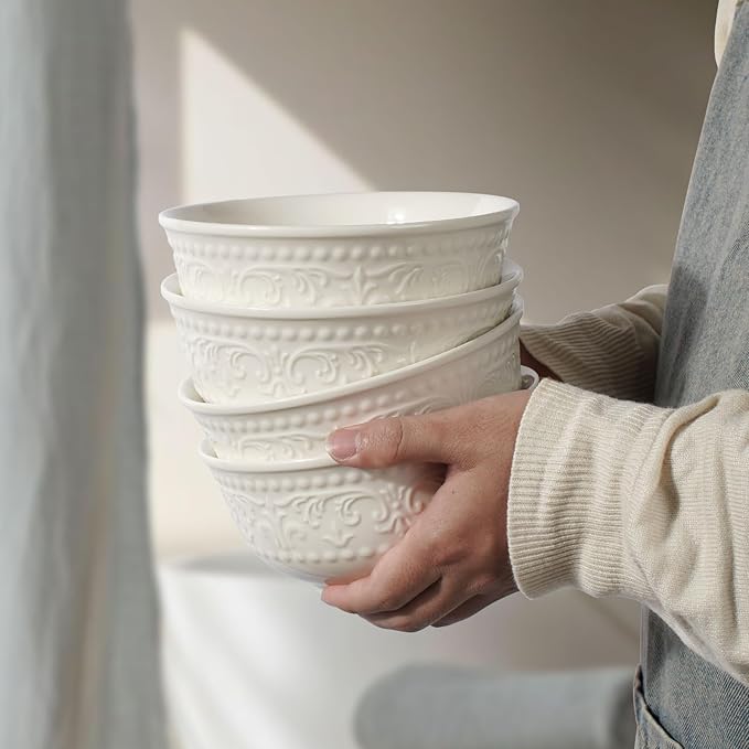 Cereal Bowls Set of 4 - Ceramic Soup Bowls for Kitchen 30 Oz Embossment White Breakfast Bowls for Rice, Pasta, Fruits, Salad, Ramen, 6.25 Inch, Dishwasher & Microwave Safe (Brocade Flower)