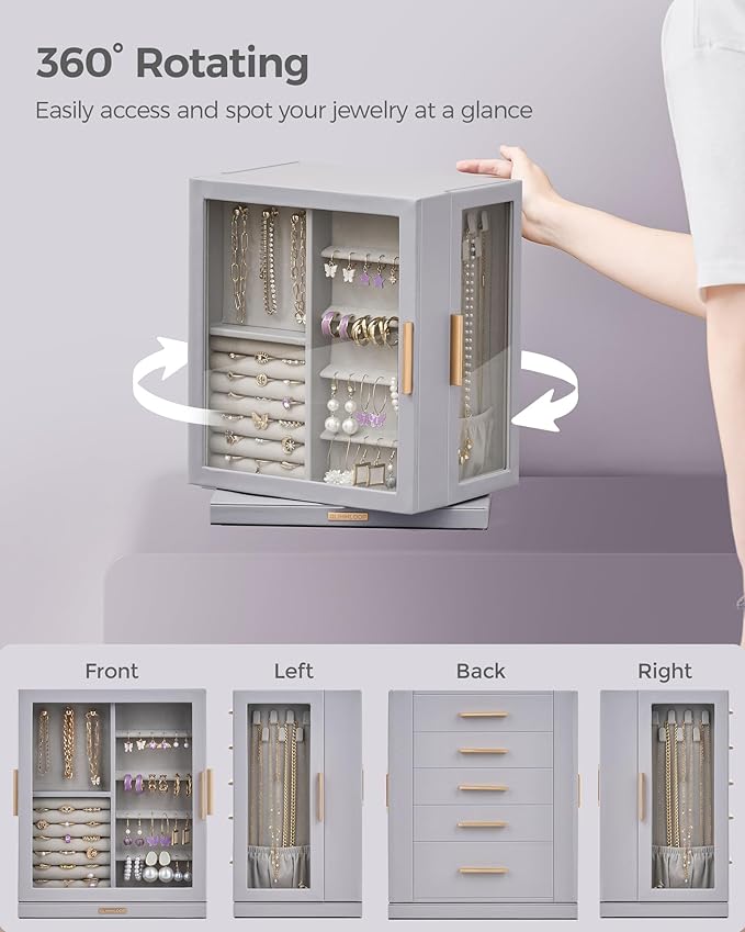 360° Rotating Jewelry Box with 5 Drawers, Spacious Vertical Jewelry Organizer with Glass Window, Jewelry Storage Case, Dustproof & Moisture-resistant Design, Grey