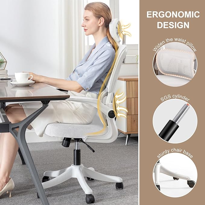 Ergonomic Office Chair Computer Desk Chairs with Flip-up Armrests and Lumbar Support, High Back Mesh Gaming Chairs Rolling Work Swivel Task Chairs with Adjustable Headrest