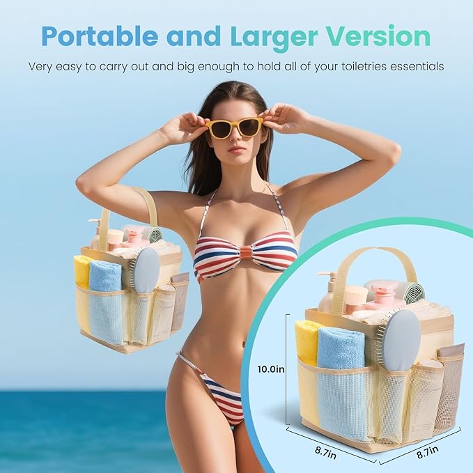 Mesh Shower Caddy for College Dorm Room Essentials for Girls with 9 Pockets,Large-Capacity Shower Basket,Quick Dry Toiletry Tote Bag for Women,Outdoor Gym,Travel,Swim,Beach Camping Essentials-Beige