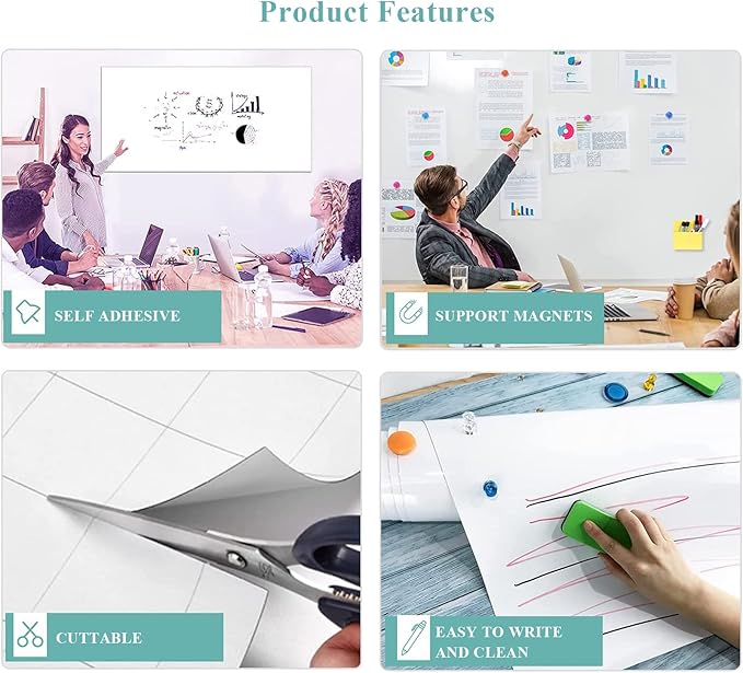 Magnetic Dry Erase Whiteboard Paper, 12" x 18" Self Adhesive Whiteboard for Wall, Easy to Write and Clean Dry Erase Board for Kids, Office, Home, with Marker, Magnetic Eraser and Magnets