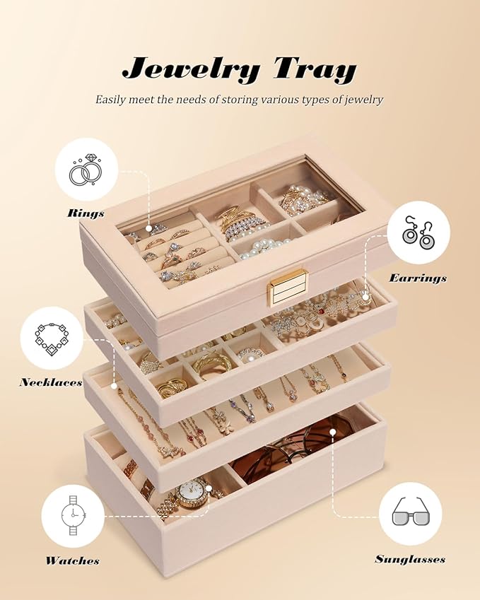 Homde Jewelry Tray Stackable Jewelry Box Drawer Organizer with Glass Lid, Removable Dividers for Vanity Table Gift Idea for Girls and Women(Apricot)