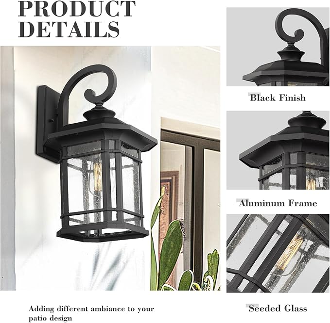 Emliviar Outdoor Wall Lights for House, 1-Light Exterior Wall Sconce Black Finish with Clear Seeded Glass, 17" Height, 22021M