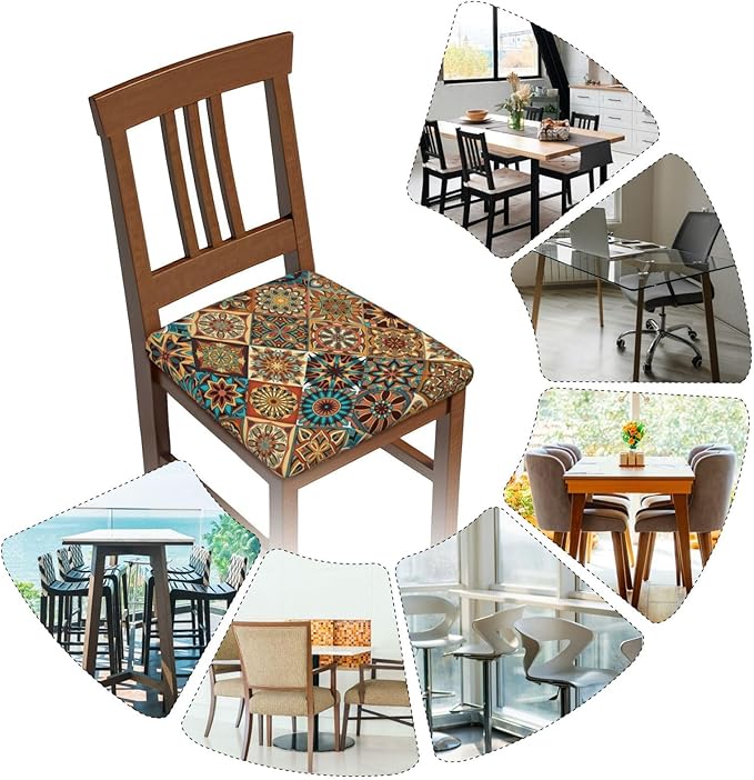 Colorful Vintage Bohemian Boho Mandala Floral Office Computer Chair Seat Covers Set of 1, Soft Stretch Rotating Desk Chair Seat Cushion Protectors