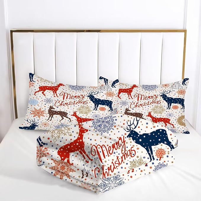 Beige Christmas Comforter Set Full/Queen for Kids, Cartoon Reindeer and Snowflake Print Bedding Set, Cute Xmas Bed Set for Home Decor with 1 Comforter and 2 Pillowcases
