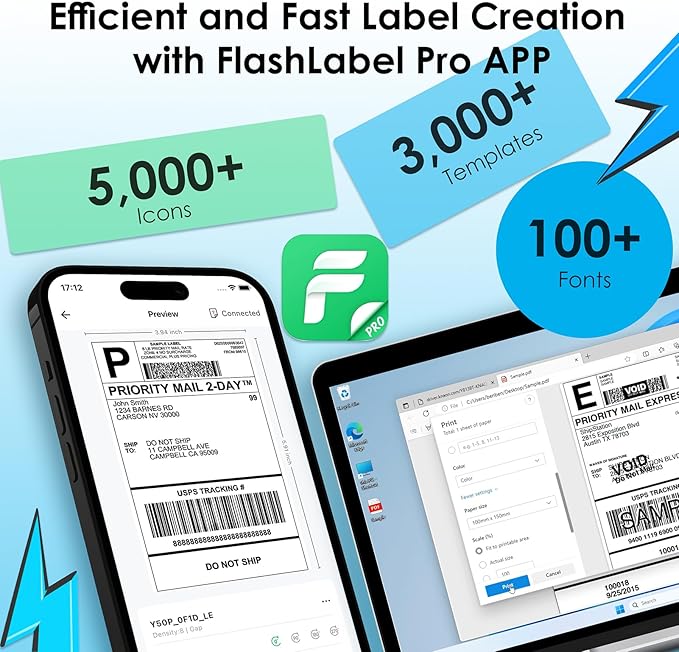 Bluetooth Thermal Shipping Label Printer, 4x6 Portabel Thermal Address Label Printer for Small Bussiness, Compatible with iPhone,Android,Windows,Mac,Chromebook –Works with eBay Shopify USPS&More