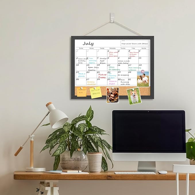 Dry Erase Calendar for Wall, 17x13 Inches Calendar Whiteboard for Wall, Small Magnetic White Board Corkboard with Wood Framed, Hanging Dry Erase Board for Kitchen Home Office School Planner