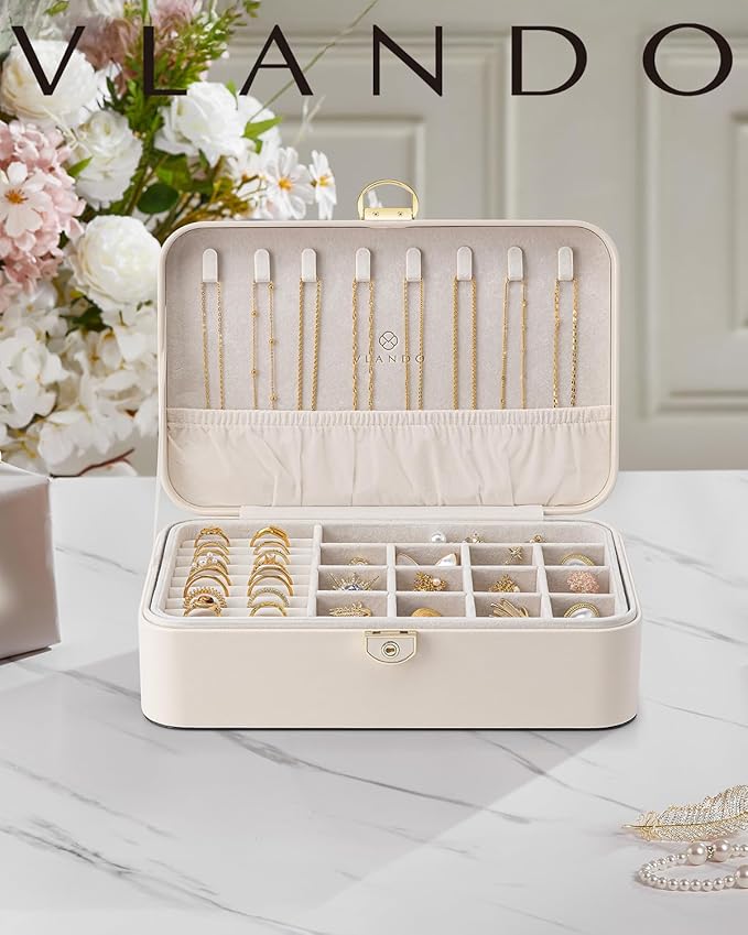 Vlando Jewelry Box Organizer for Women Girls, 2 Layer Jewelry Case with Lock,Jewelry Storage Earrings Necklace,Rings,Gift for Teachers Wedding Birthday Gifts-Cream White