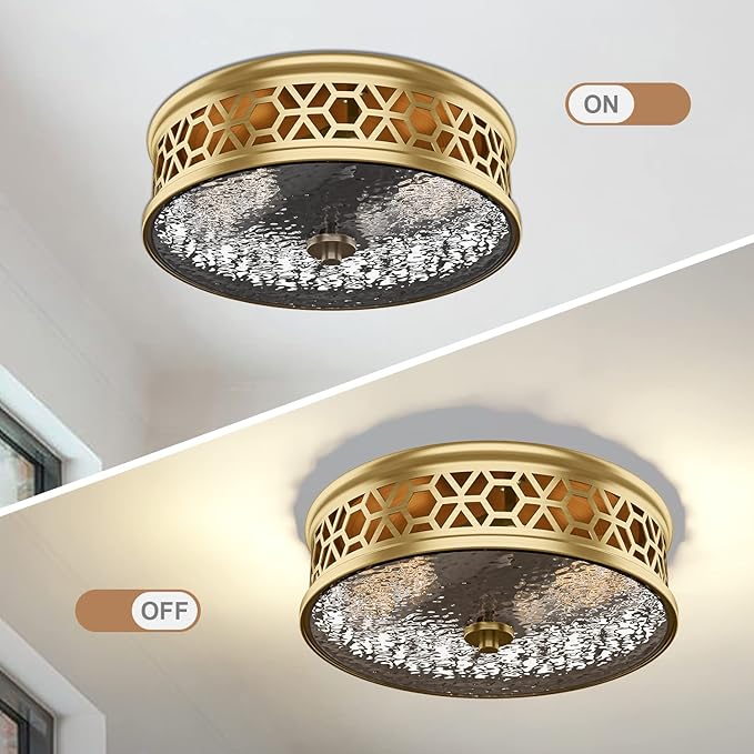 EAPUDUN Flush Mount Ceiling Light, 12 Inch 2 Light Vintage Ceiling Light with Rippled Glass, Gold Ceiling Fixture for Hallway Corridor Kitchen Bathroom Bedroom Passway FMA1538-SB