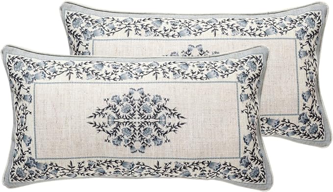 Design Linen Rectangle Throw Pillow Covers 12"x20" Pack of 2, Cottage Farmhouse Cushion Covers with Blue Grey Thorn Vine Pattern Decoration Pillowcases for Bed, Living Room, Outdoor, Car