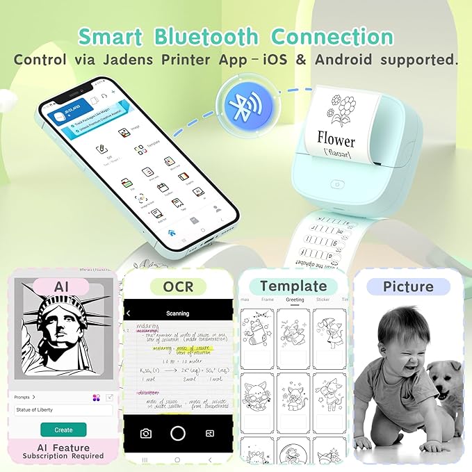 JD-23 Sticker Printer, Mini Portable Thermal Printer Print Pod, Inkless Bluetooth Label Maker Machine for DIY Crafts, Journaling, Office & Home Use, Includes 2 Rolls Sticker Paper