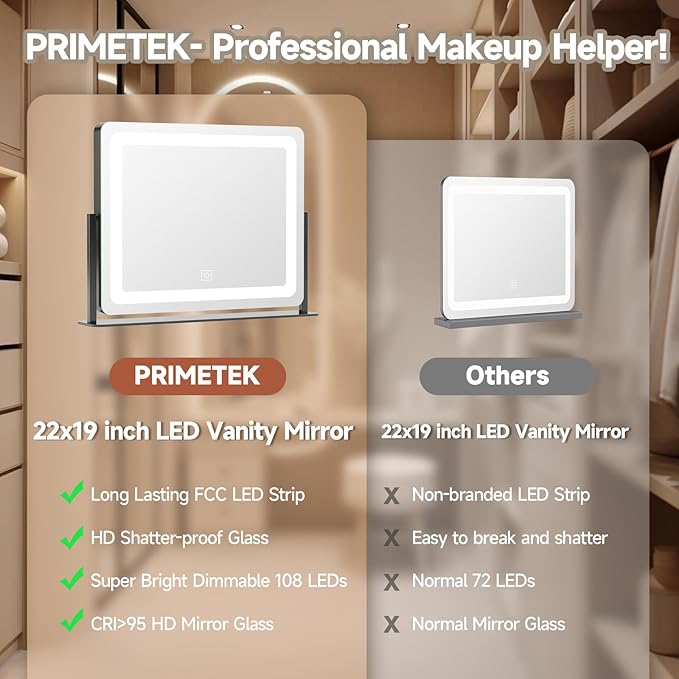 PRIMETEK Vanity Mirror with Lights, 22"x19" Large Makeup Mirror with Lights, LED Lighted Hollywood Makeup Mirror, Touch Sensor with 3-Color Lighting, Dimmable for Vanity Desk Tabletop, Bedroom, Black