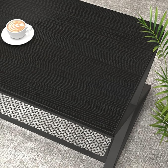 LVB Black Coffee Table, Wood Metal 2 Tier Center Tables with Storage Shelf, Modern Rectangular Concrete Tea Table for Living Room, Wooden Middle Cocktail Table for Office Bedroom, 47 inch, Black Oak