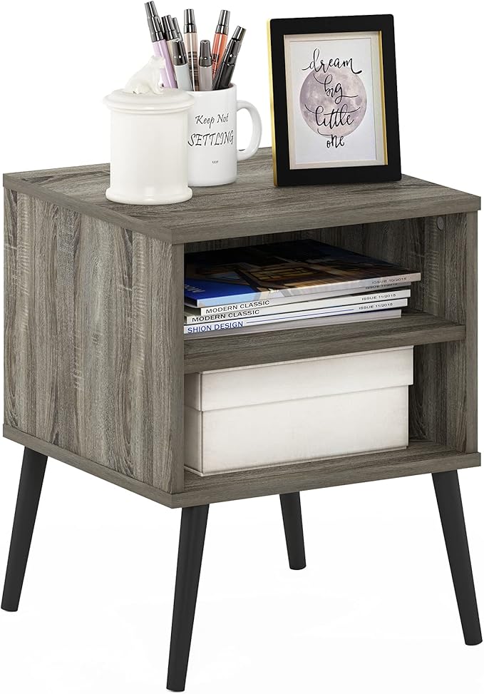 Furinno Claude Mid Century Style End Table with Wood Legs, French Oak Grey