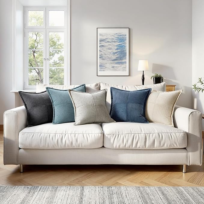 MIULEE Blue Corduroy Lumbar Pillow Covers 12x20 Inch 12x20 Inch with Splicing Set of 2 Soft Boho Pillow Covers Broadside Decorative Textured Summer Coastal Pillowcases for Couch Bed Livingroom